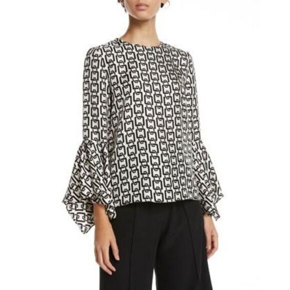 Milly Sz Small Black & White Keyhole Holly Bell-Sleeve Chain-Print blouse top wo - Picture 1 of 14
